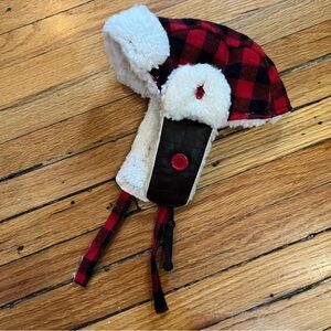 Dog Hat, Small /Medium, Red & Black Plaid Design w/ White Faux Fleece Fur